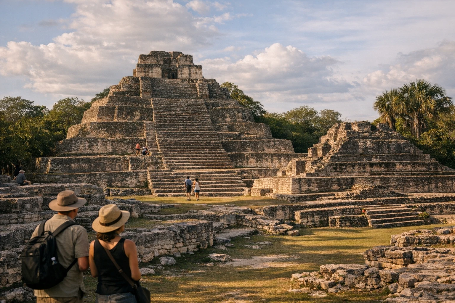 Restored temple structures at Chacchoben in Quintana Roo, Mexico surrounded by tropical greenery