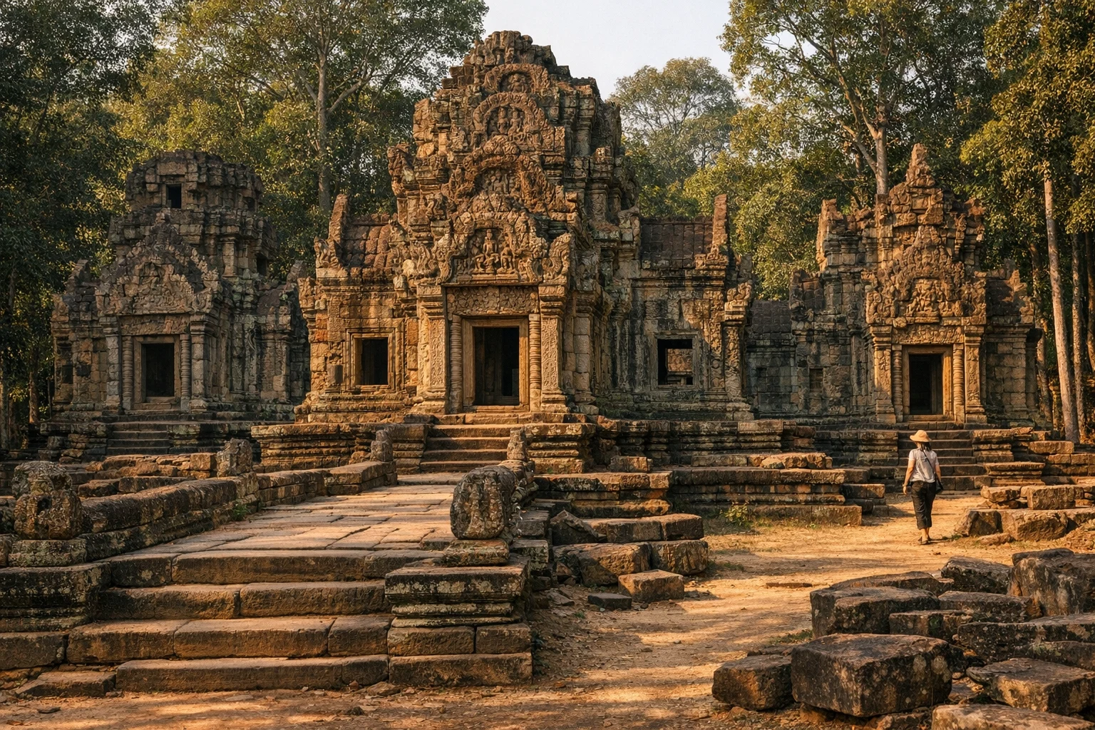 Stone towers and intricate carvings of Chau Say Tevoda temple in Angkor, Cambodia