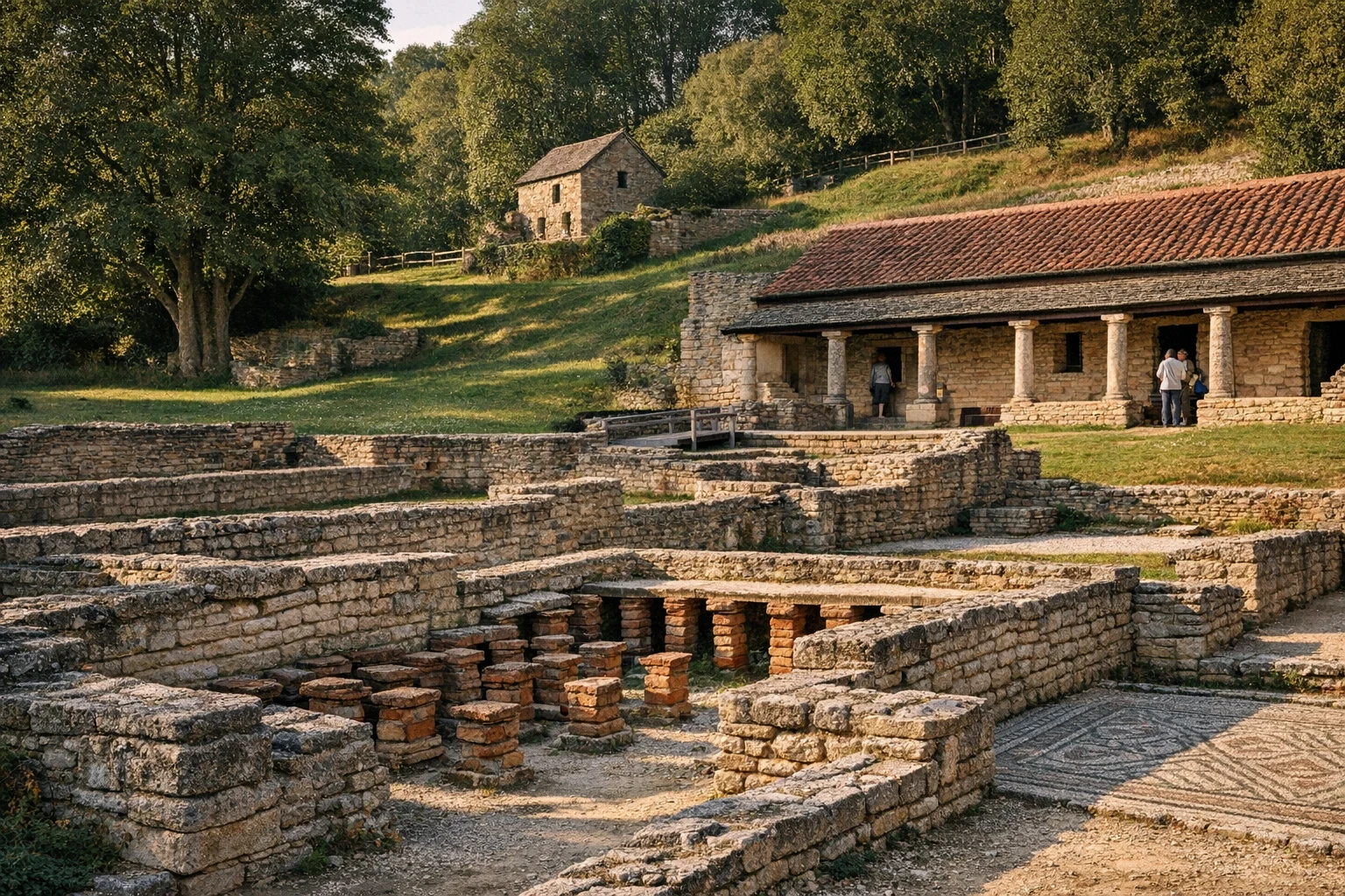 Ruins and mosaic floors at Chedworth Roman Villa in the United Kingdom