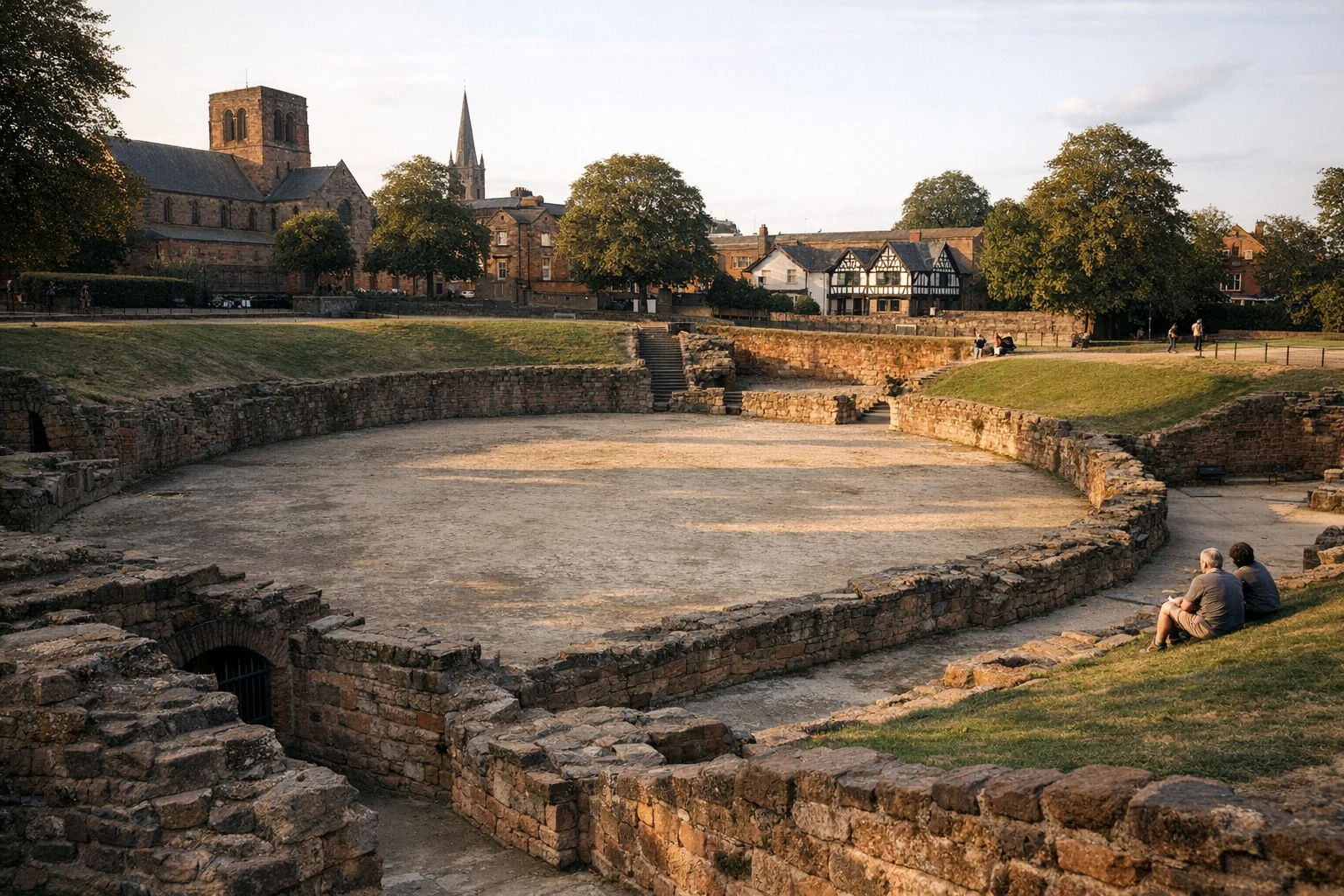 The remains of Chester Roman Amphitheater in Cheshire, United Kingdom, with ancient stone walls and grassy outer banks.