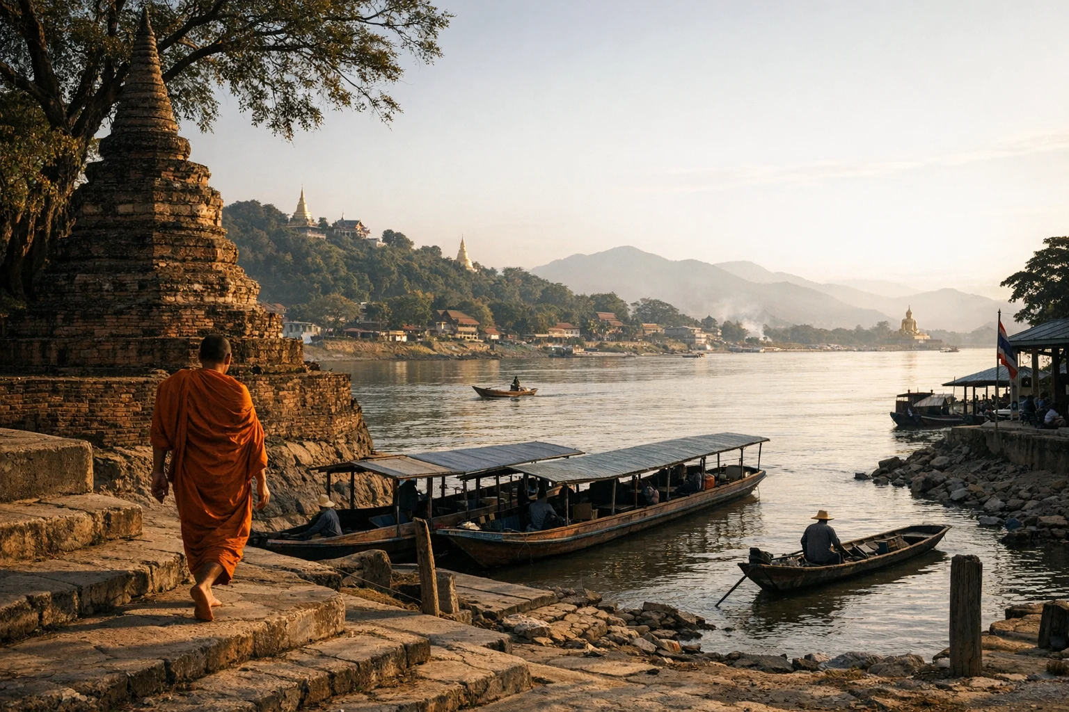 Ancient walls and riverside landscape of Chiang Saen in Thailand