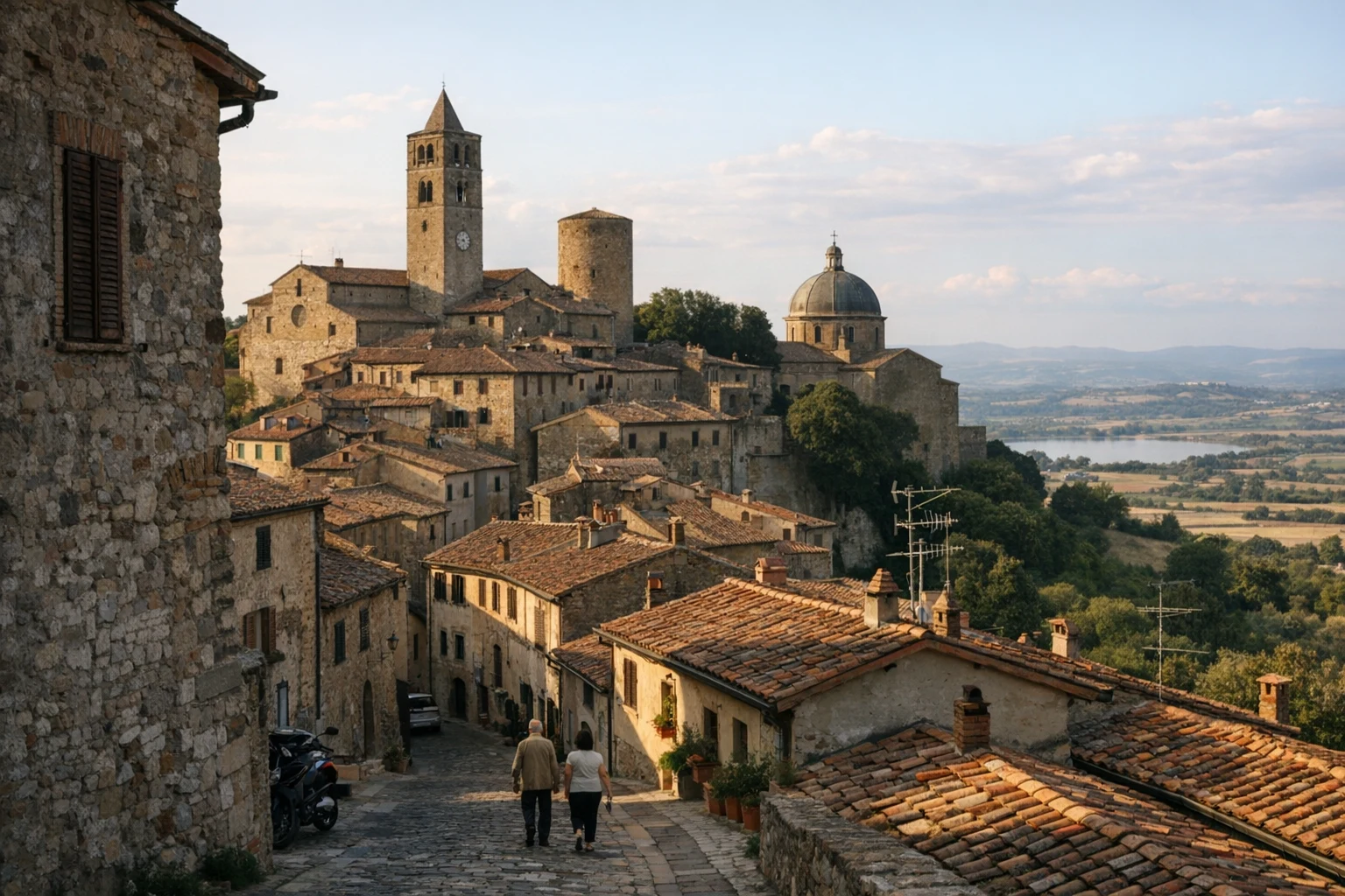 Ancient remains and historic skyline of Chiusi, Italy