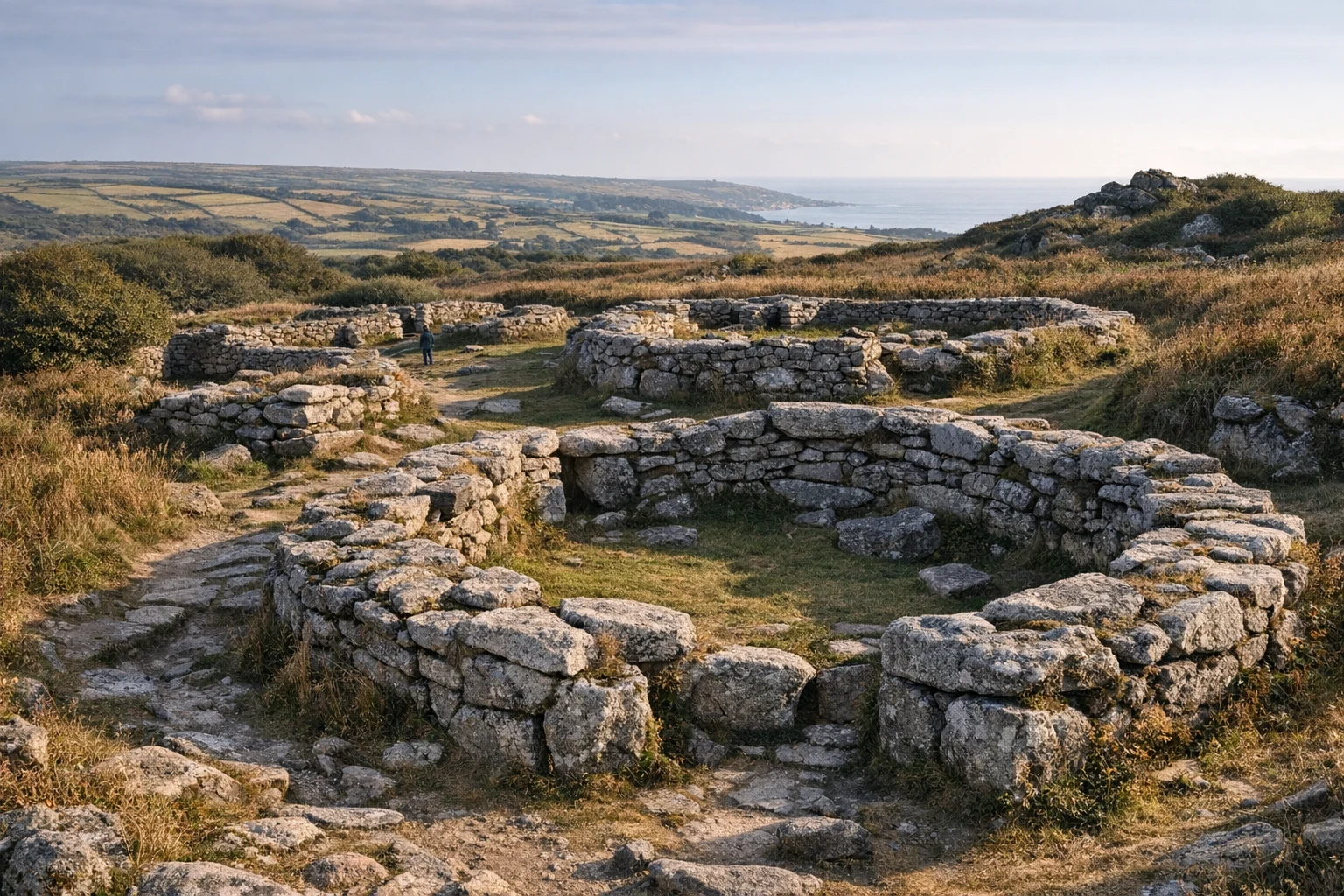 Stone house remains at Chysauster Ancient Village in Cornwall, United Kingdom