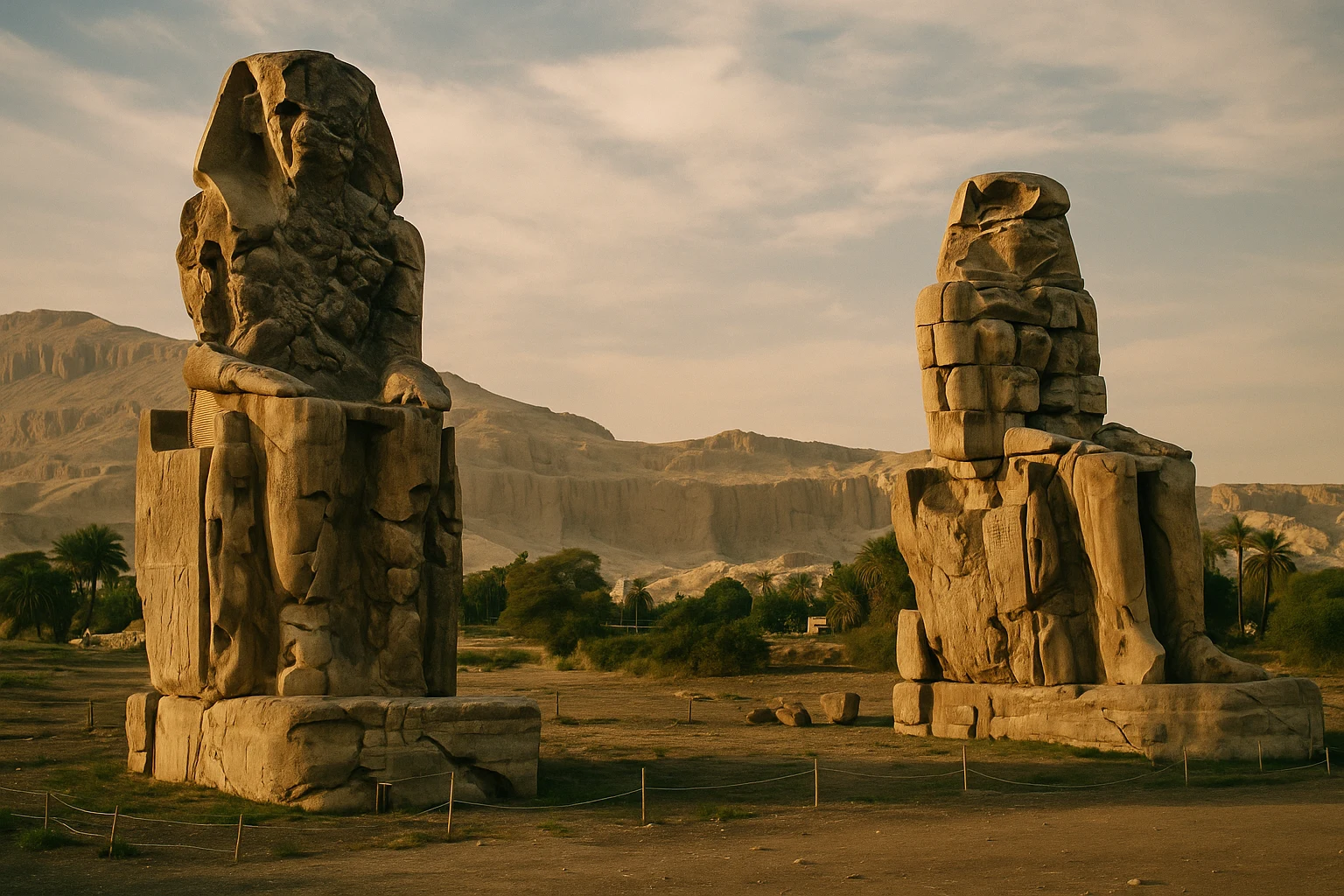 The twin Colossi of Memnon standing against a golden sunrise sky on the West Bank of Luxor, Egypt