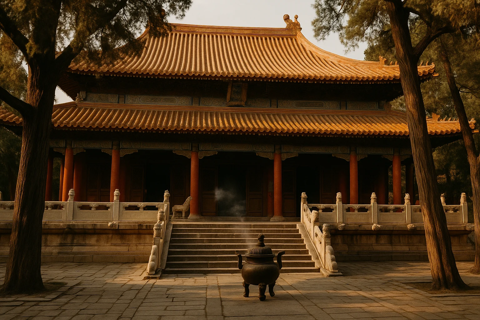Red-walled pavilions and ancient cypress trees of the Confucius Temple complex in Qufu, China