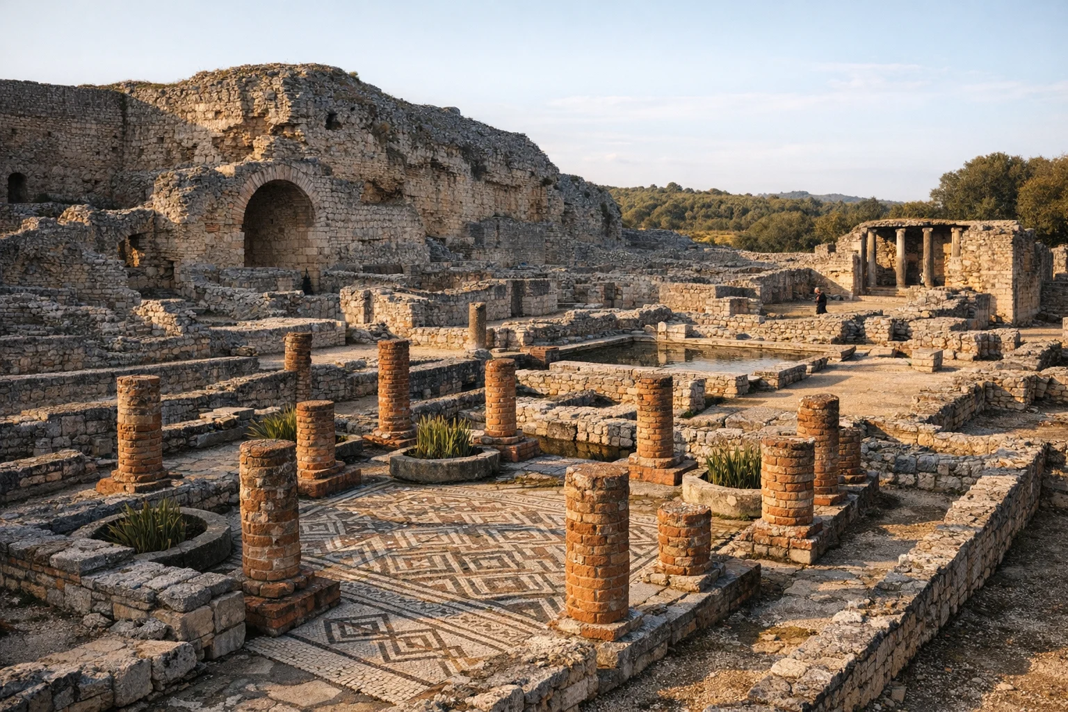 Roman ruins, mosaics, and ancient walls at Conimbriga in Portugal