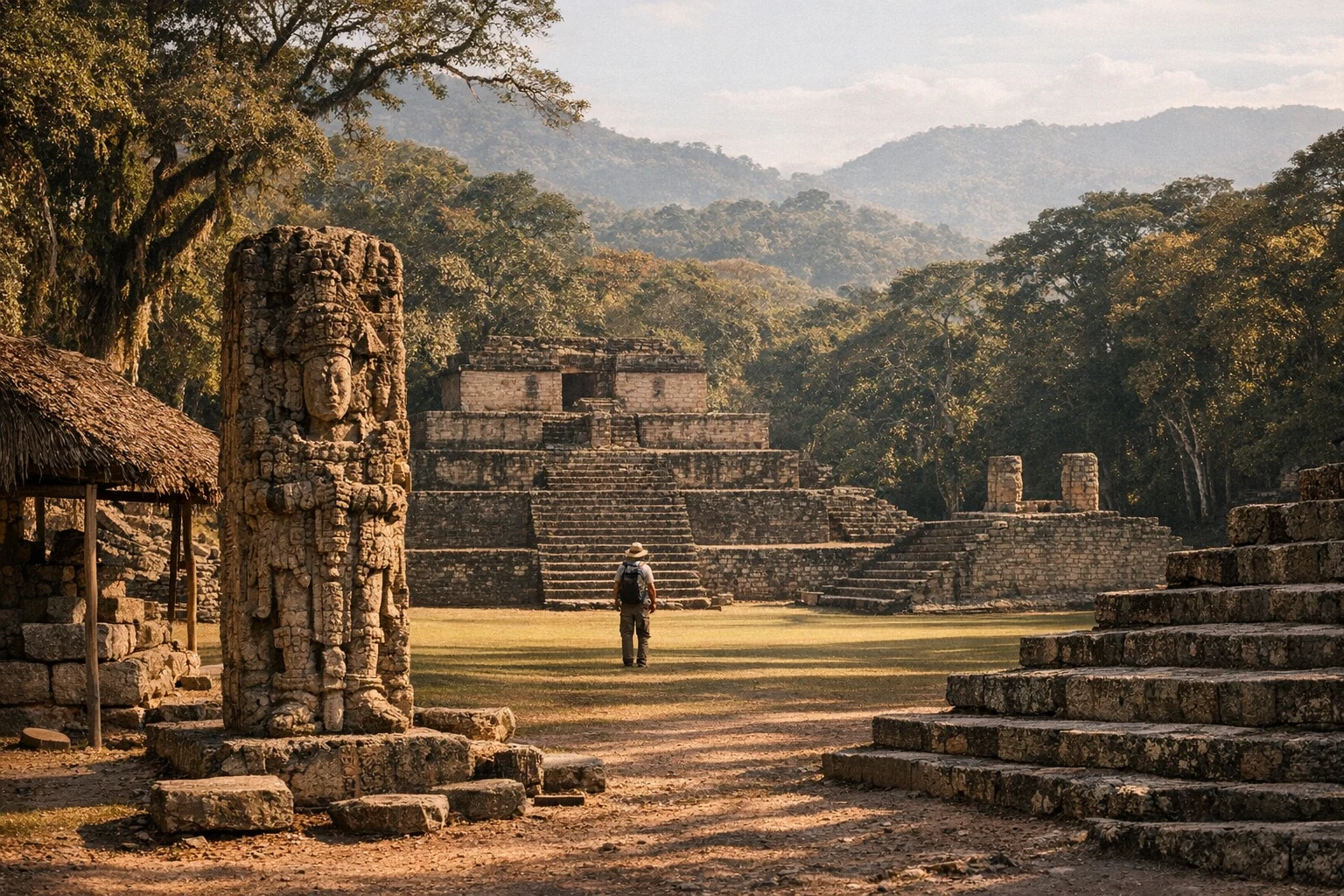 Ancient Maya ruins of Copán in western Honduras with carved stone monuments and green hills