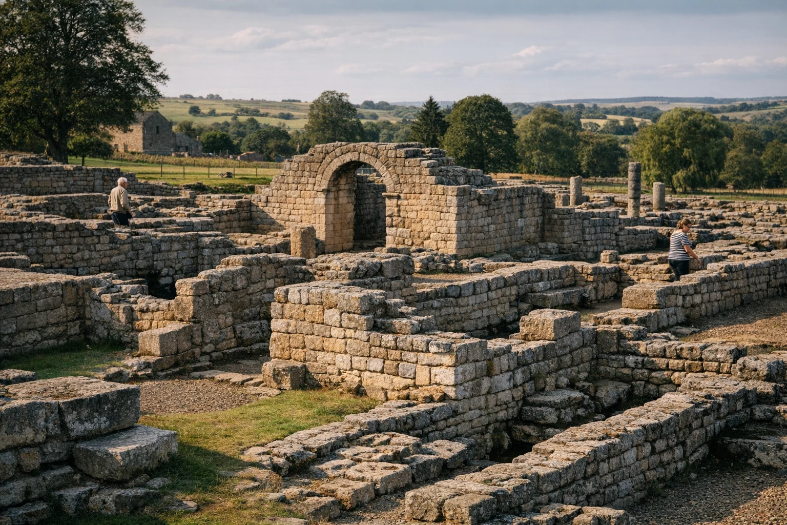 Ruins and stone foundations at Corbridge Roman Town in the United Kingdom