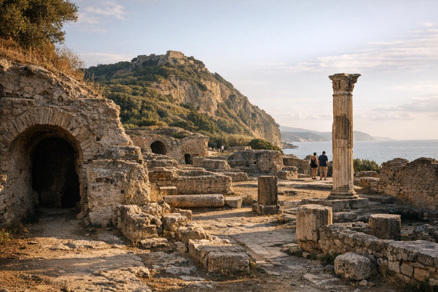 Ancient ruins and hillside landscape at Cumae in Italy overlooking the Bay of Naples