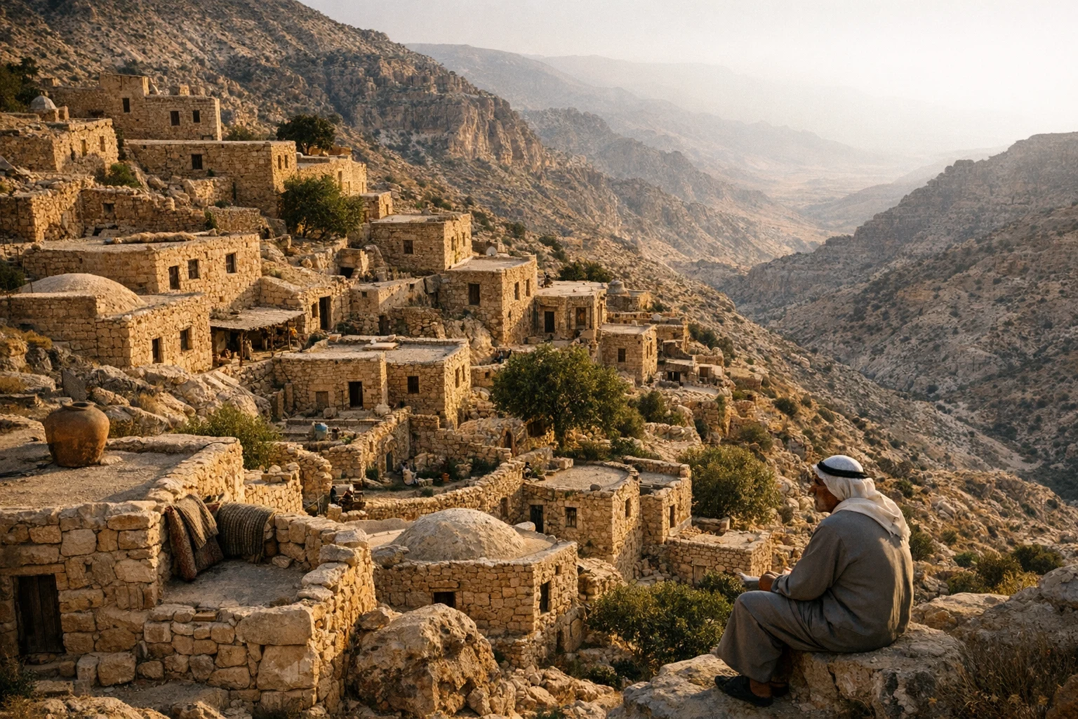 Traditional stone houses in Dana Village, Jordan, overlooking the mountains of Dana Biosphere Reserve