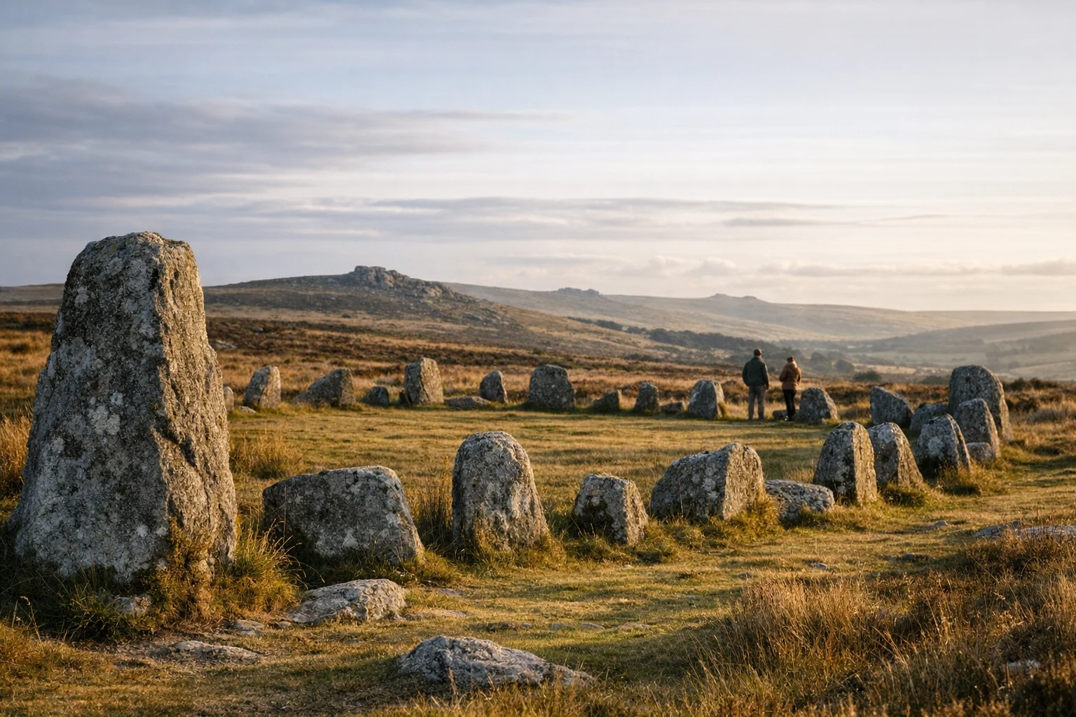 Ancient standing stones at Dartmoor Stone Circles in Devon, United Kingdom, set against open moorland