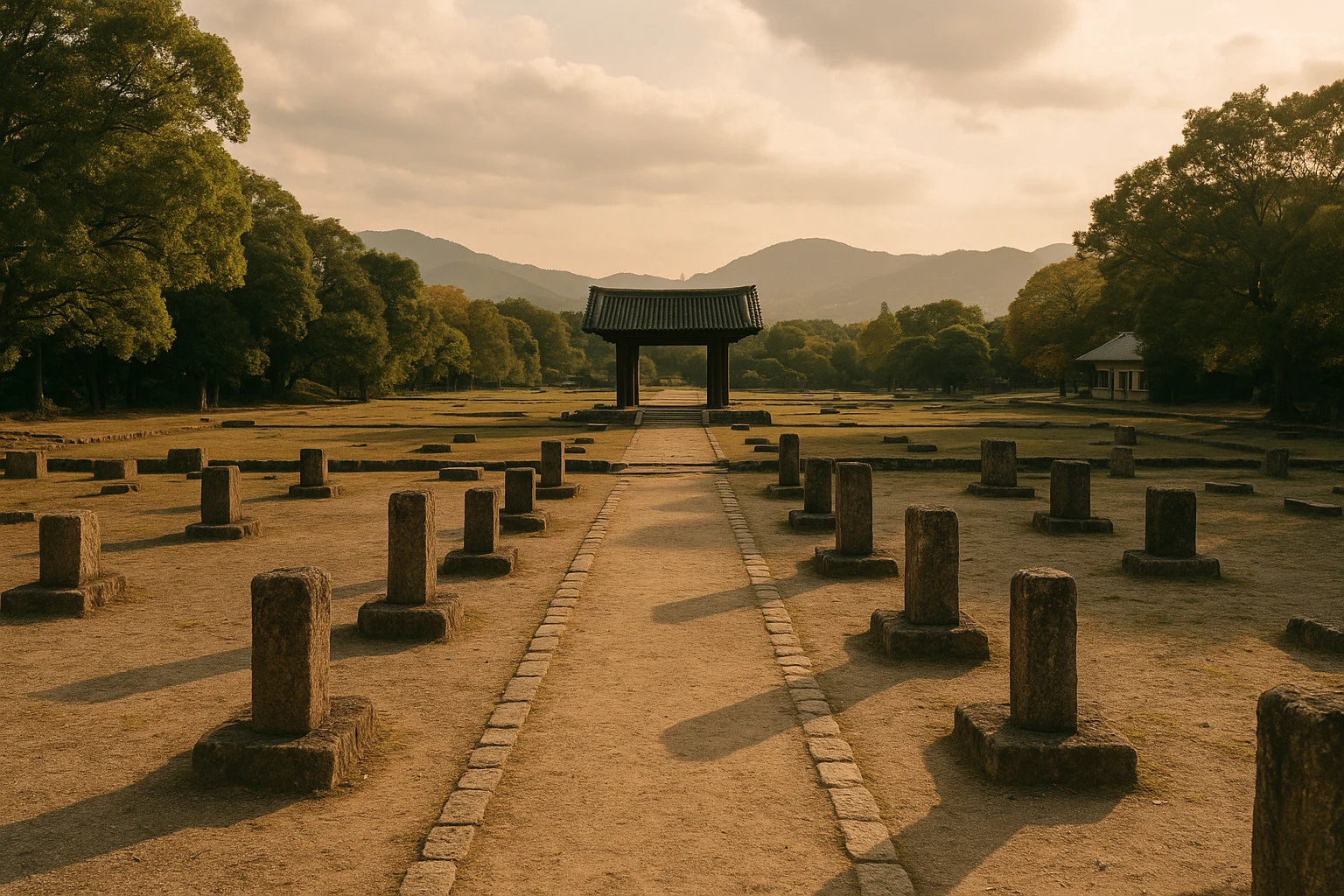 Stone foundations and reconstructed pillars of the Dazaifu Government Office Ruins in Fukuoka Prefecture, Japan