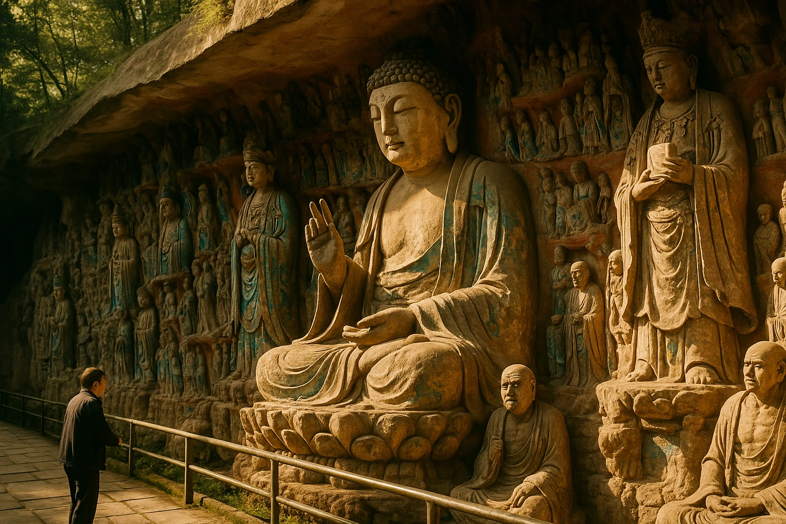 Massive painted Buddhist sculptures carved into a curved cliffside at Dazu Rock Carvings in Chongqing, China