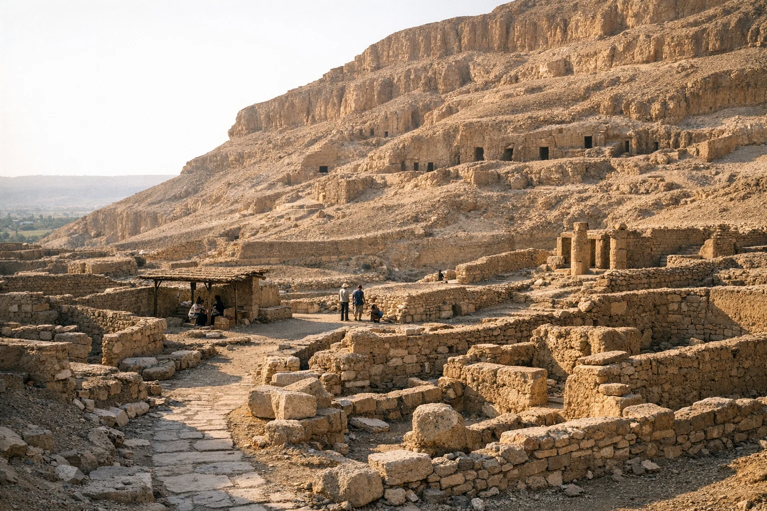 View of Deir el-Medina, the ancient workers’ village in Luxor, Egypt, surrounded by desert hills.