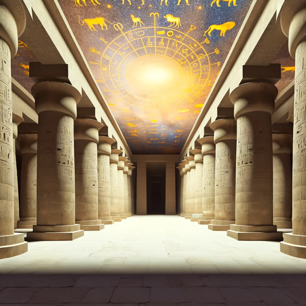 Temple of Hathor at Dendera, Egypt, with illuminated columns and zodiac ceiling visible