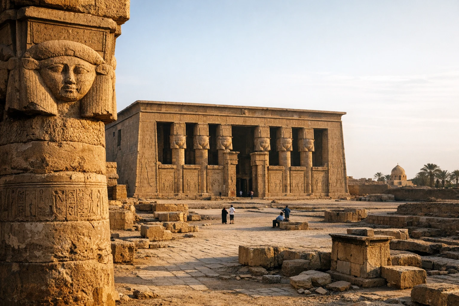 Panoramic view of the Dendera Temple Complex in Egypt, showing the intricately decorated Temple of Hathor