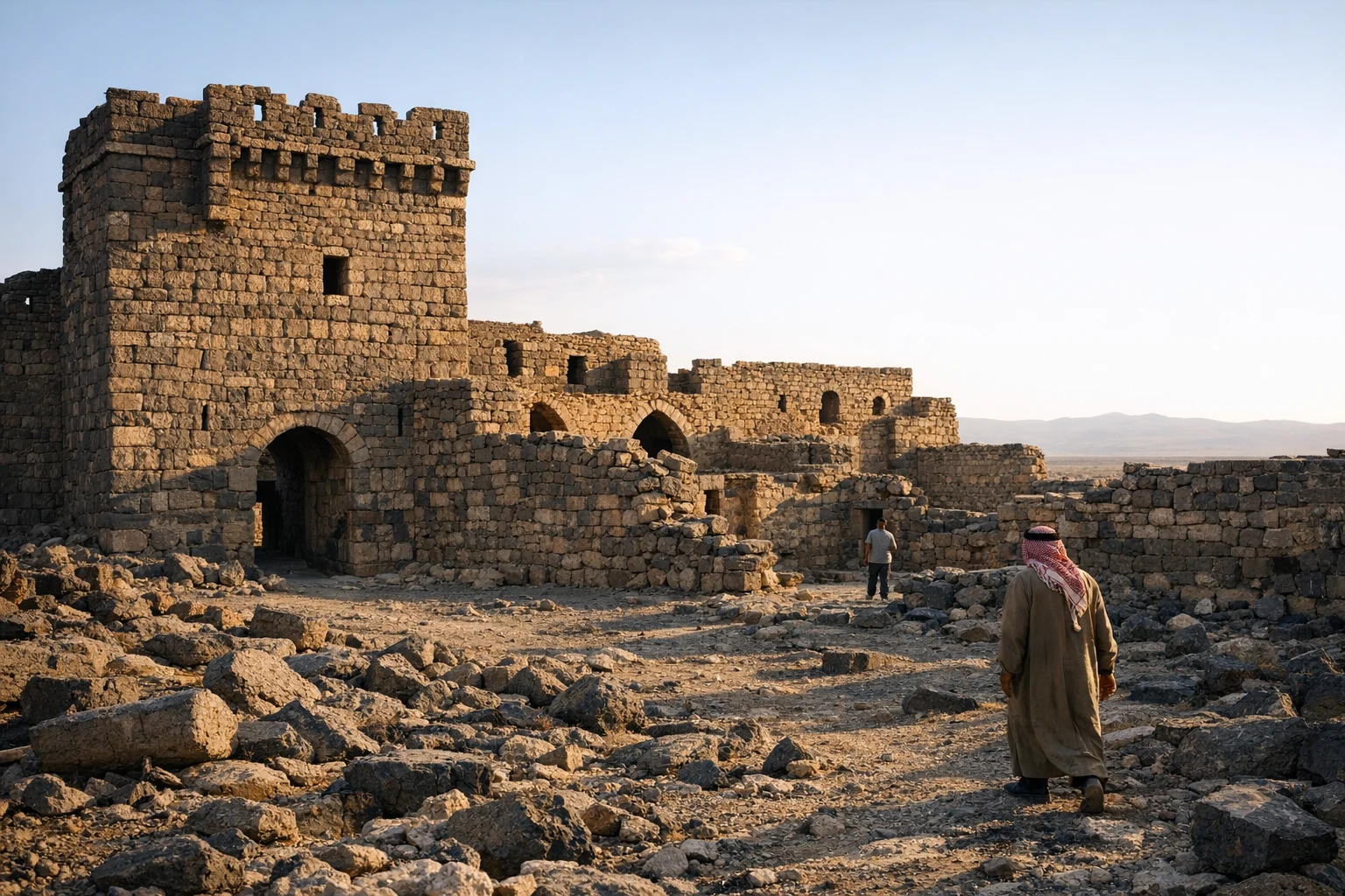 Dark basalt walls of Desert Castles (Qasr al-Azraq) in eastern Jordan under a wide desert sky