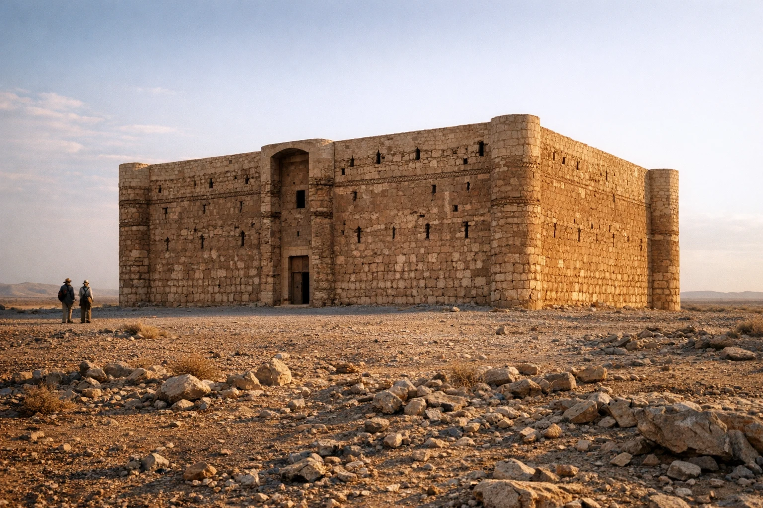 Exterior of Desert Castles (Qasr Kharana) rising from the desert plain in Jordan