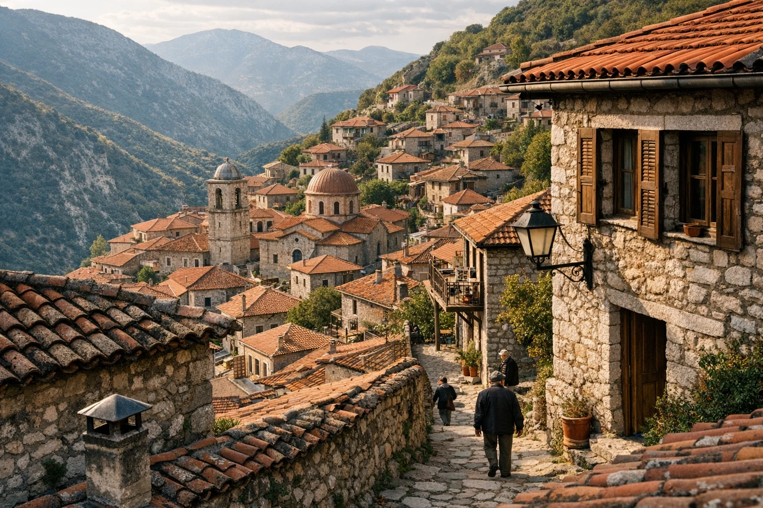Stone houses and mountain landscape in Dimitsana, Greece