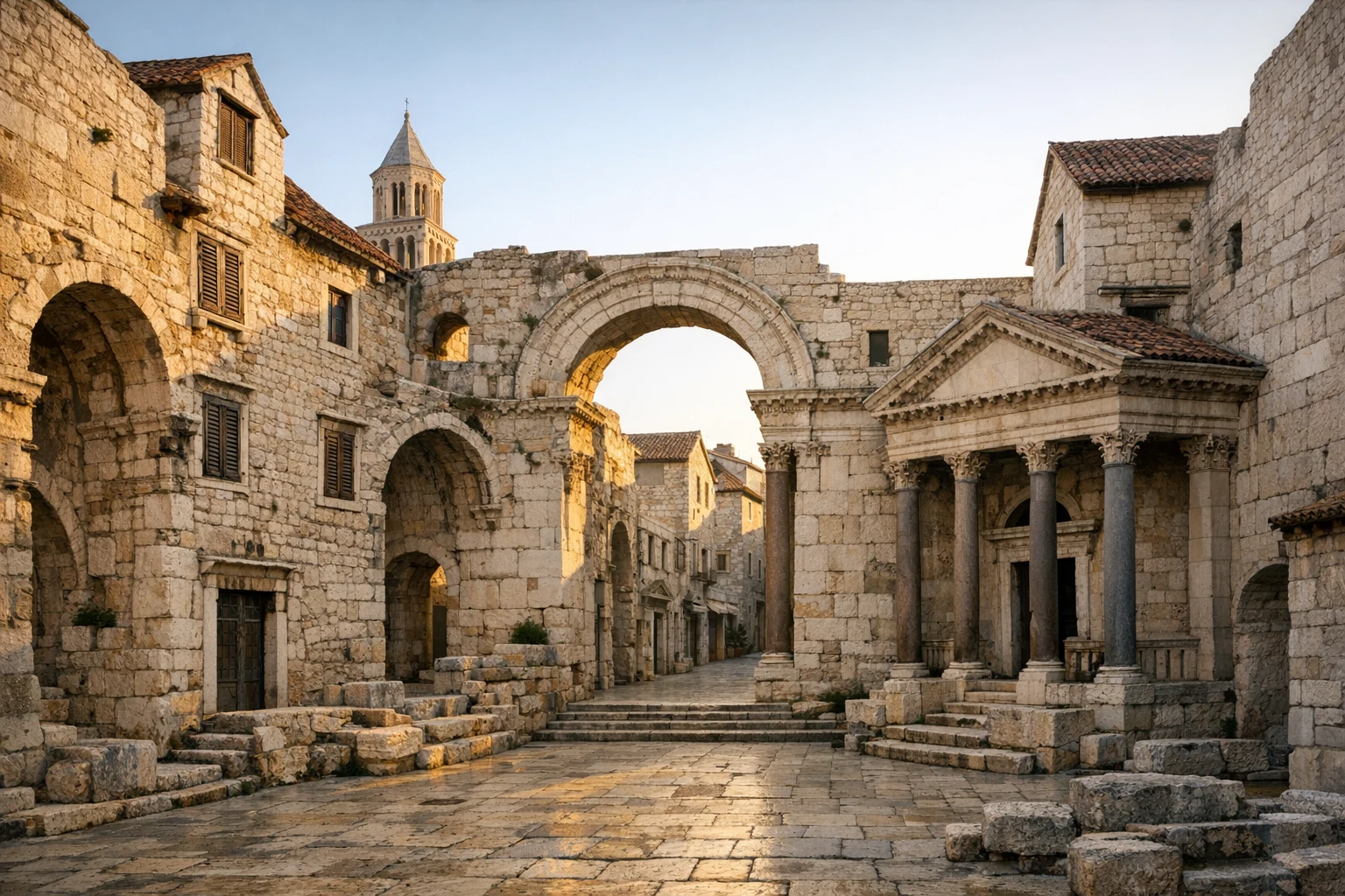 The Peristyle courtyard of Diocletian's Palace in Split, Croatia, framed by Roman columns at dusk