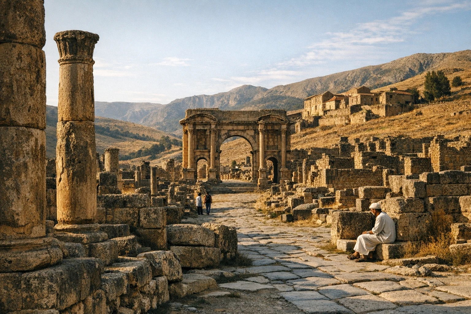 Ruins of Djémila in Algeria with Roman columns, temples, and mountain scenery