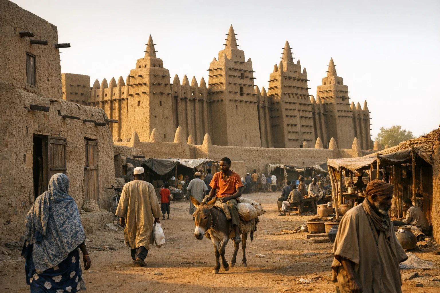The Great Mosque and earthen architecture of Djenne in Mali under warm Sahel light