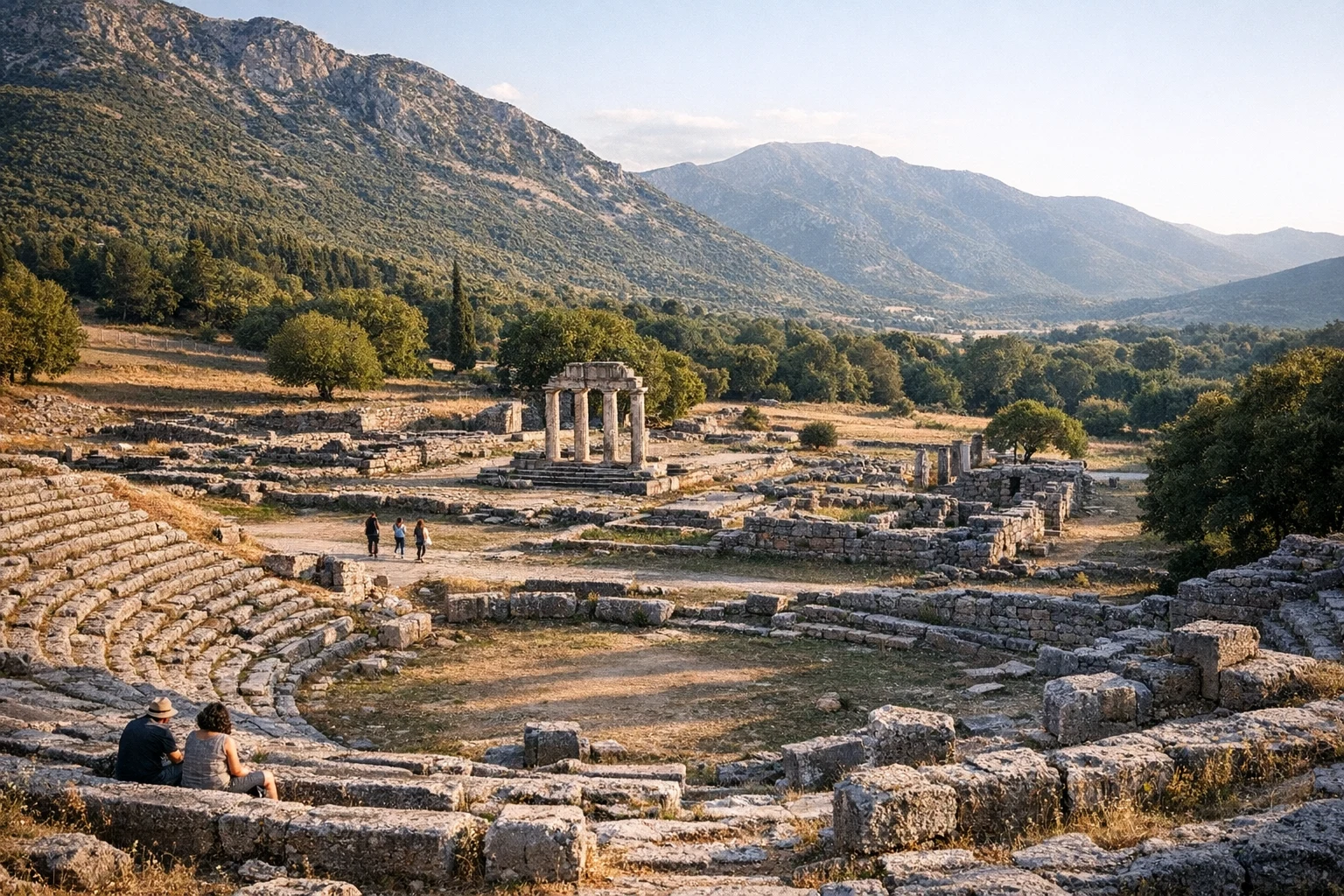 Ancient theater and sanctuary ruins at Dodona in Greece beneath the mountains of Epirus