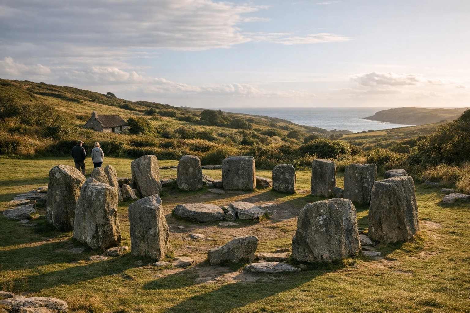 Drombeg Stone Circle standing among green fields in County Cork, Ireland