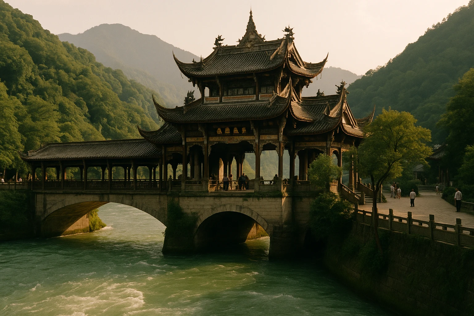 Ancient stone levees of the Dujiangyan Irrigation System dividing the Min River in Sichuan, China