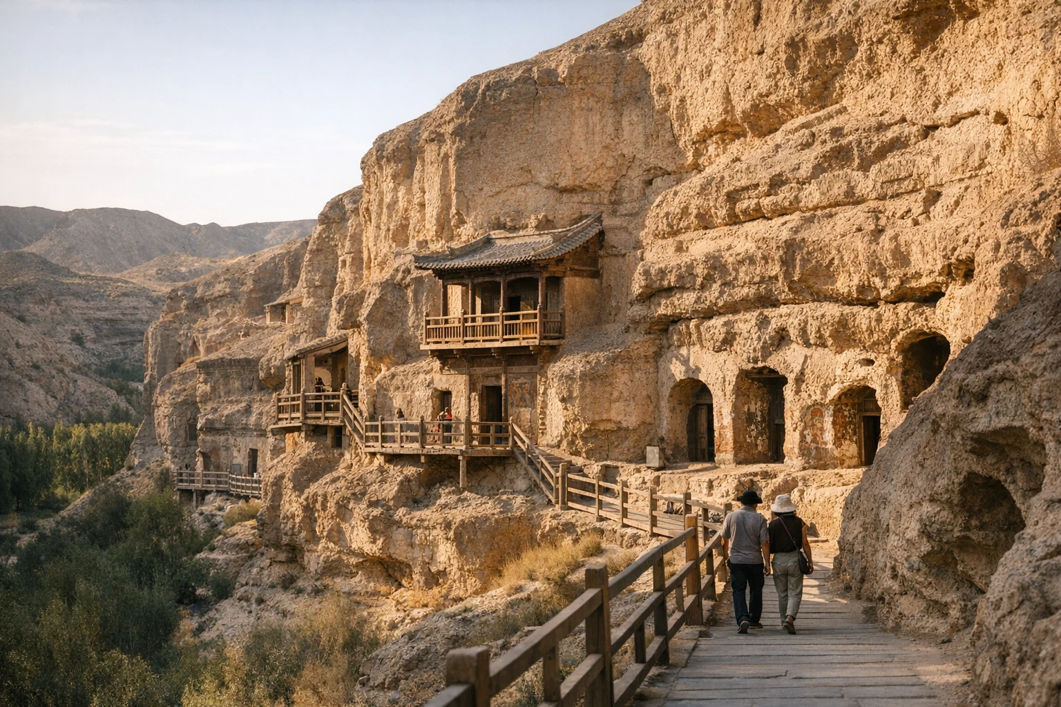 Cliffside cave temples and desert ravine at Dunhuang Yulin Caves in Gansu Province, China