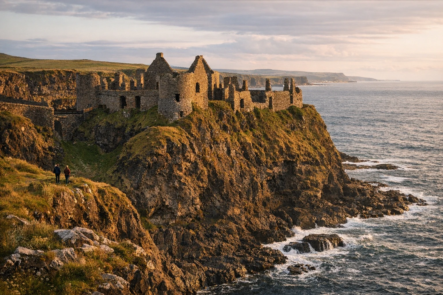 Dunluce Castle perched on sea cliffs along the coast of Ireland