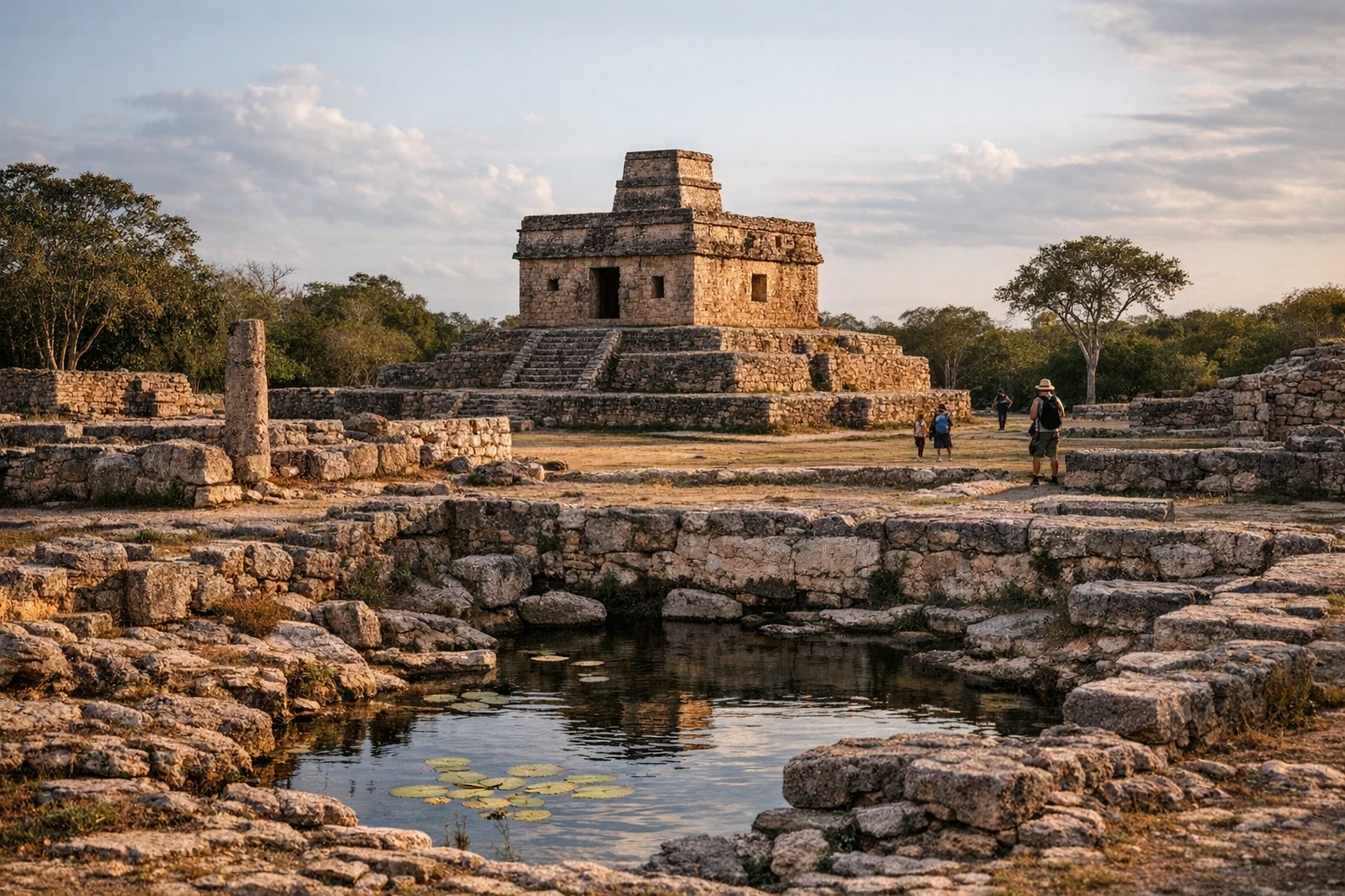 The Temple of the Seven Dolls at Dzibilchaltún in Yucatán, Mexico, under a bright sky