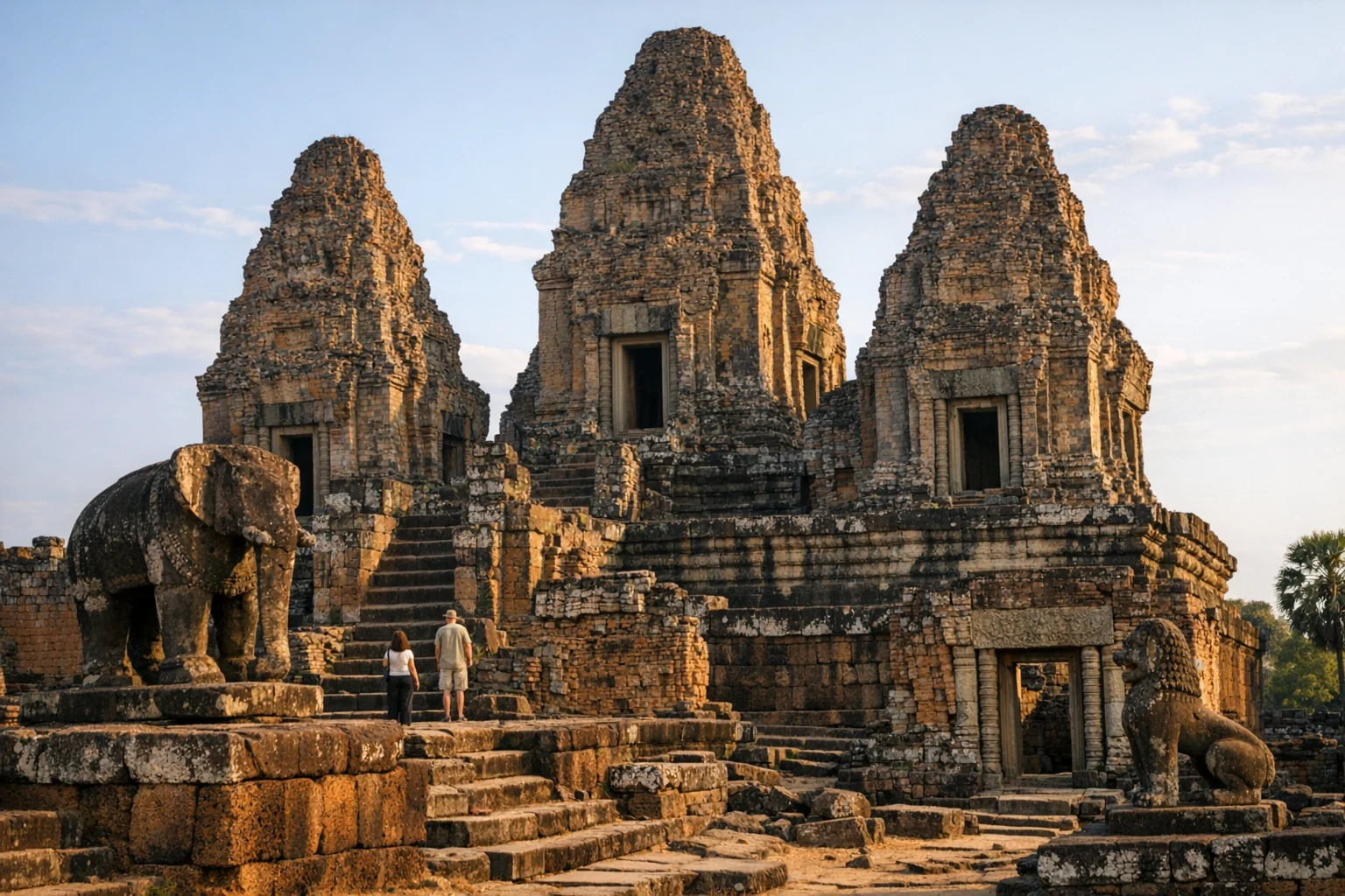 The brick towers and elephant sculptures of East Mebon in Cambodia