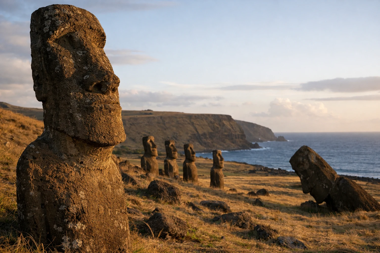 Ancient Easter Island Moai statues standing on Rapa Nui in Chile beneath a dramatic coastal sky