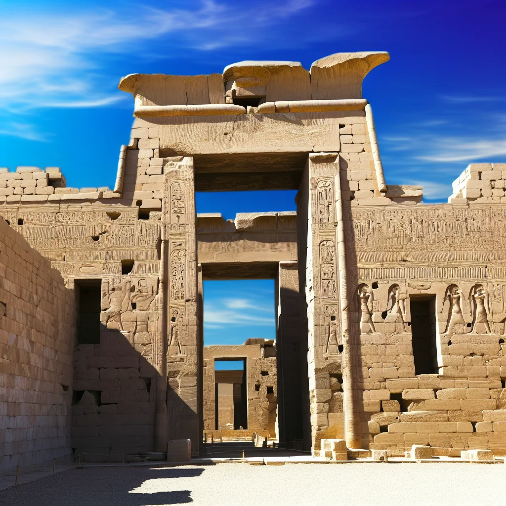 Temple of Horus at Edfu, Egypt, showing massive pylon gateway and decorated walls