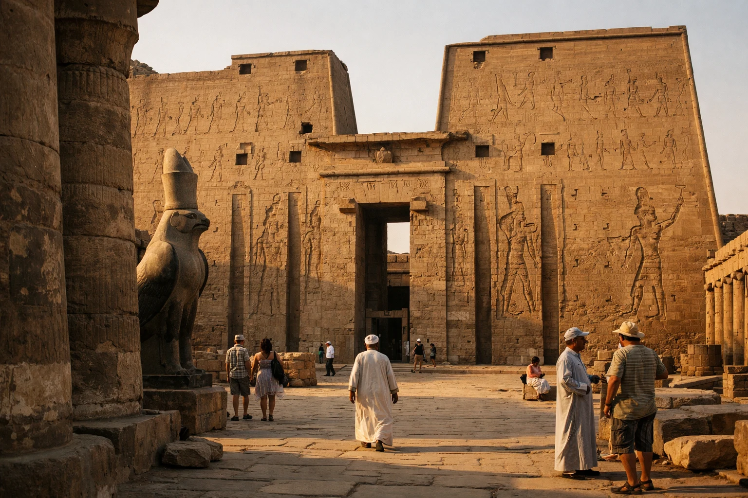 The monumental pylon and courtyard of Edfu Temple in Egypt