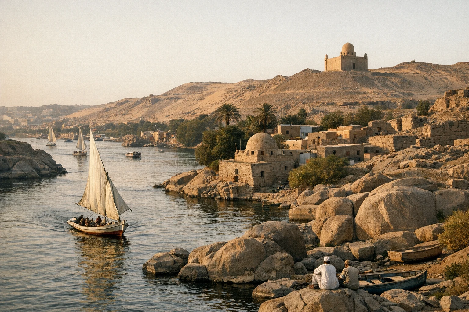 Panoramic view of Elephantine Island on the Nile in Aswan, Egypt, with ancient ruins and lush greenery