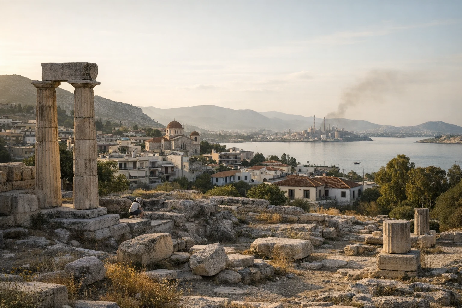 Ruins of ancient Eleusis in Greece with the archaeological sanctuary and surrounding hills