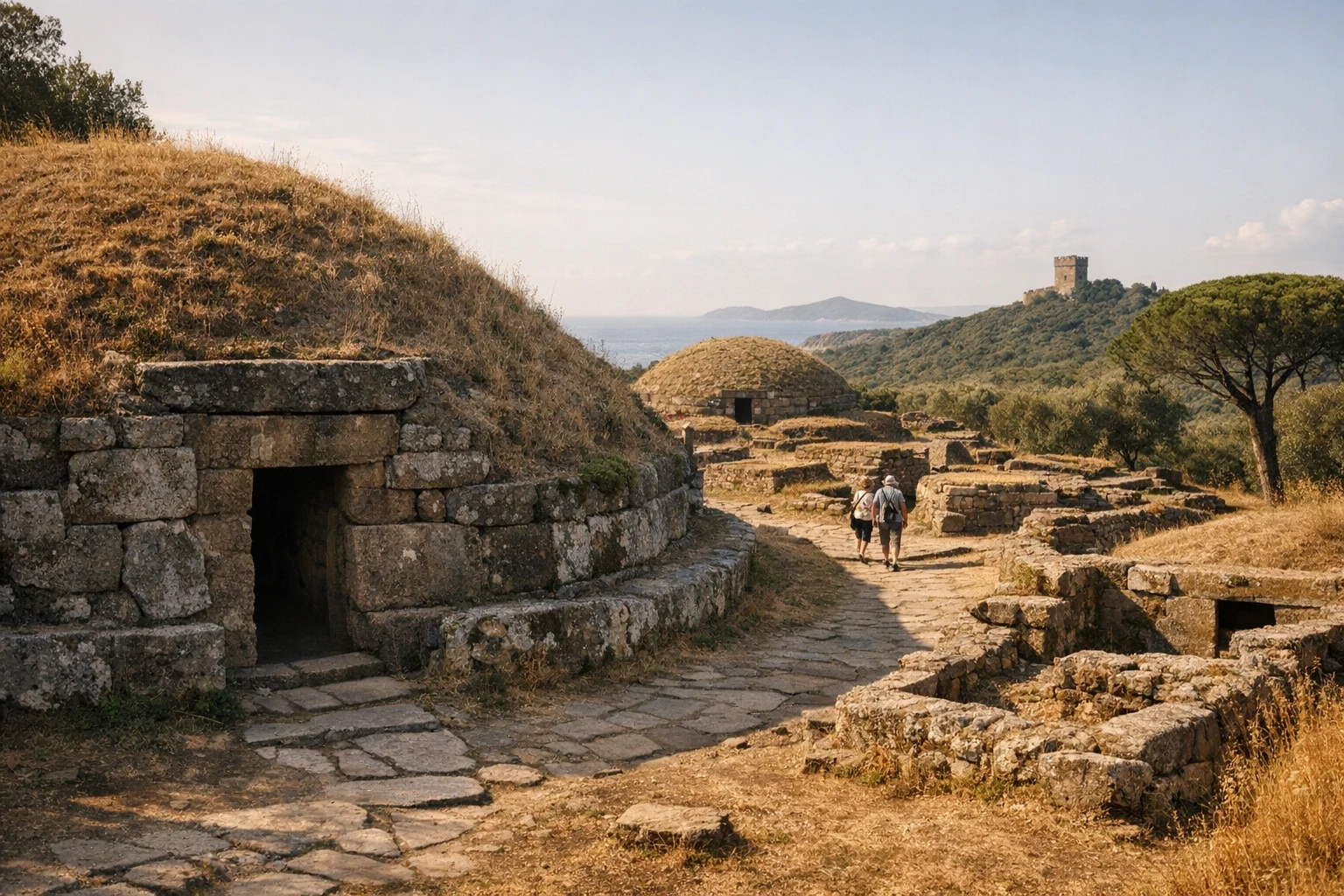 Tumulus tombs and archaeological landscape at the Etruscan Necropolis of Populonia in Italy