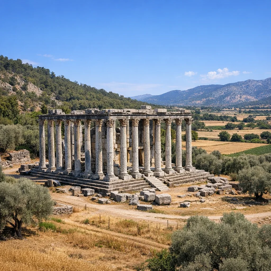 Temple of Zeus Euromos among olive groves in Caria