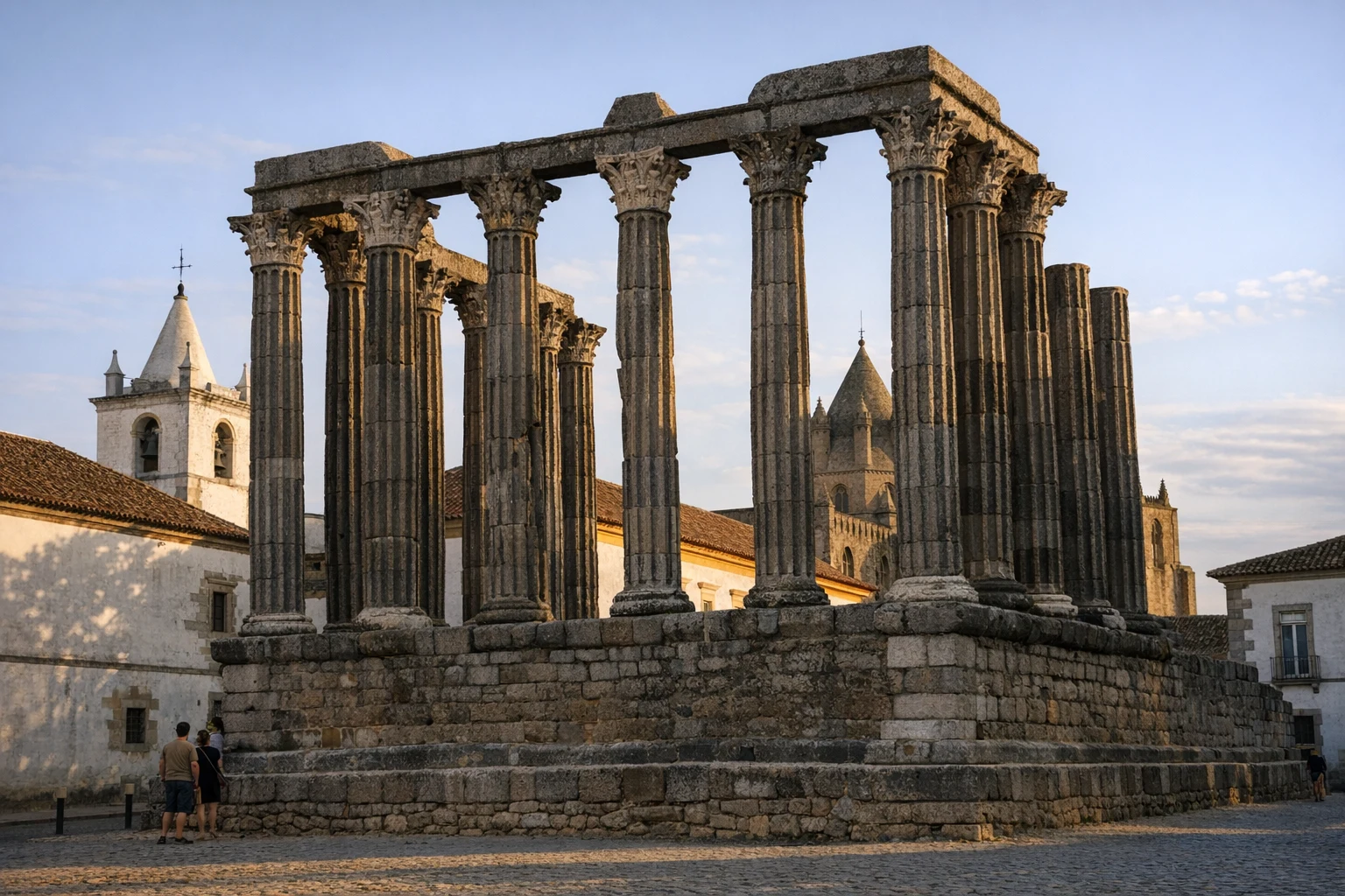 The well-preserved columns of Évora Roman Temple rise majestically in Portugal’s historic city center.