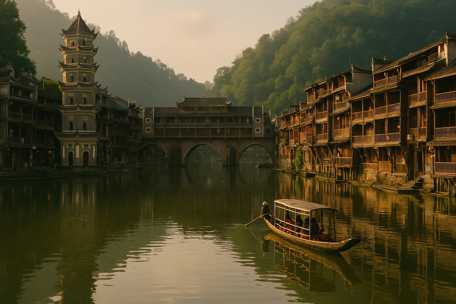 Stilted wooden houses lining the Tuojiang River at Fenghuang Ancient Town, Hunan, China