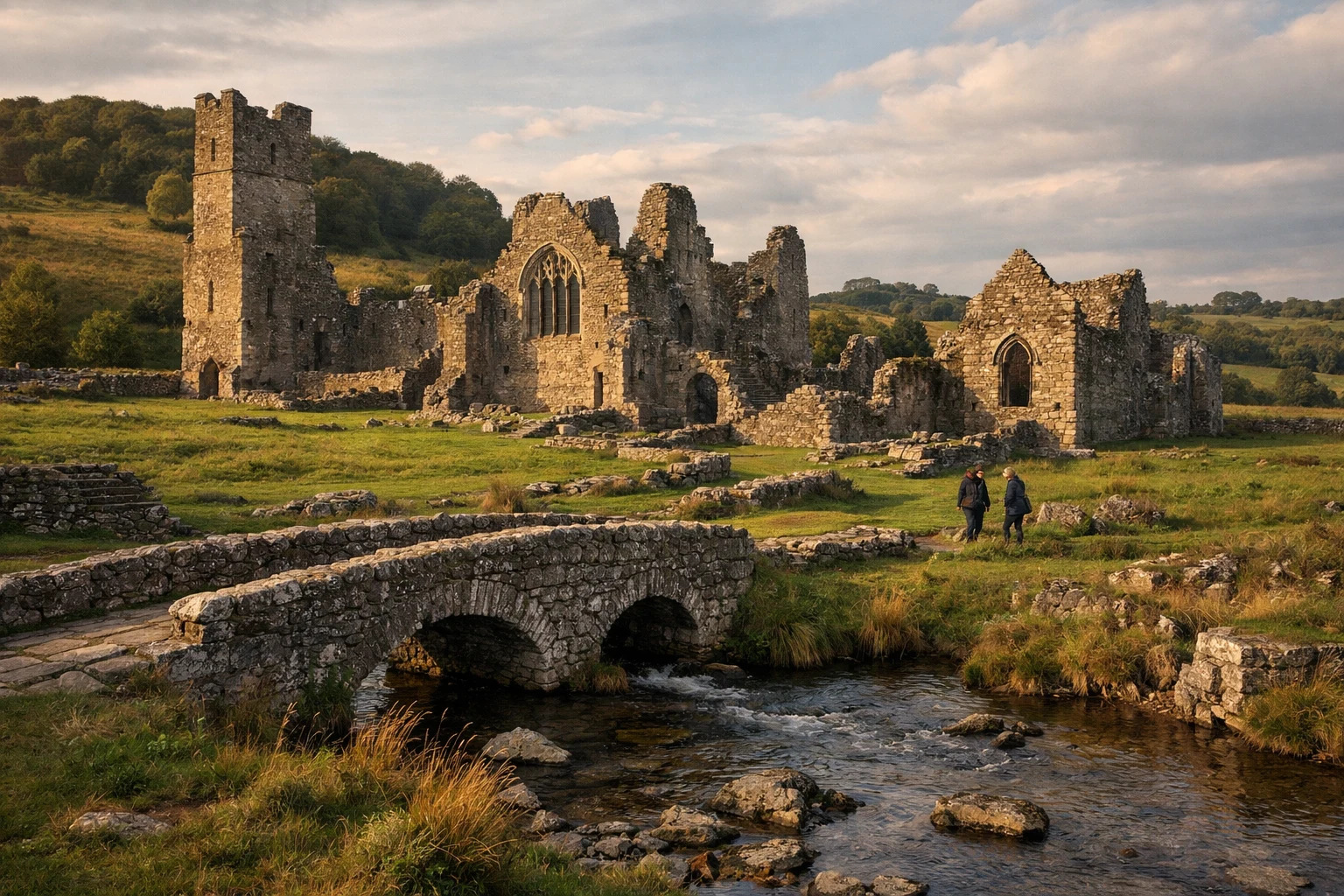 Ruins of Fore Abbey in County Westmeath, Ireland, with medieval stone arches and surrounding greenery