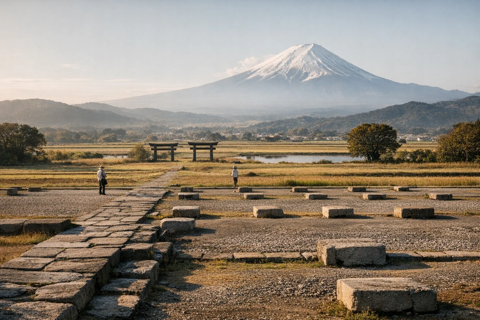 Open archaeological grounds and reconstructed palace markers at Fujiwara Palace Ruins in Japan