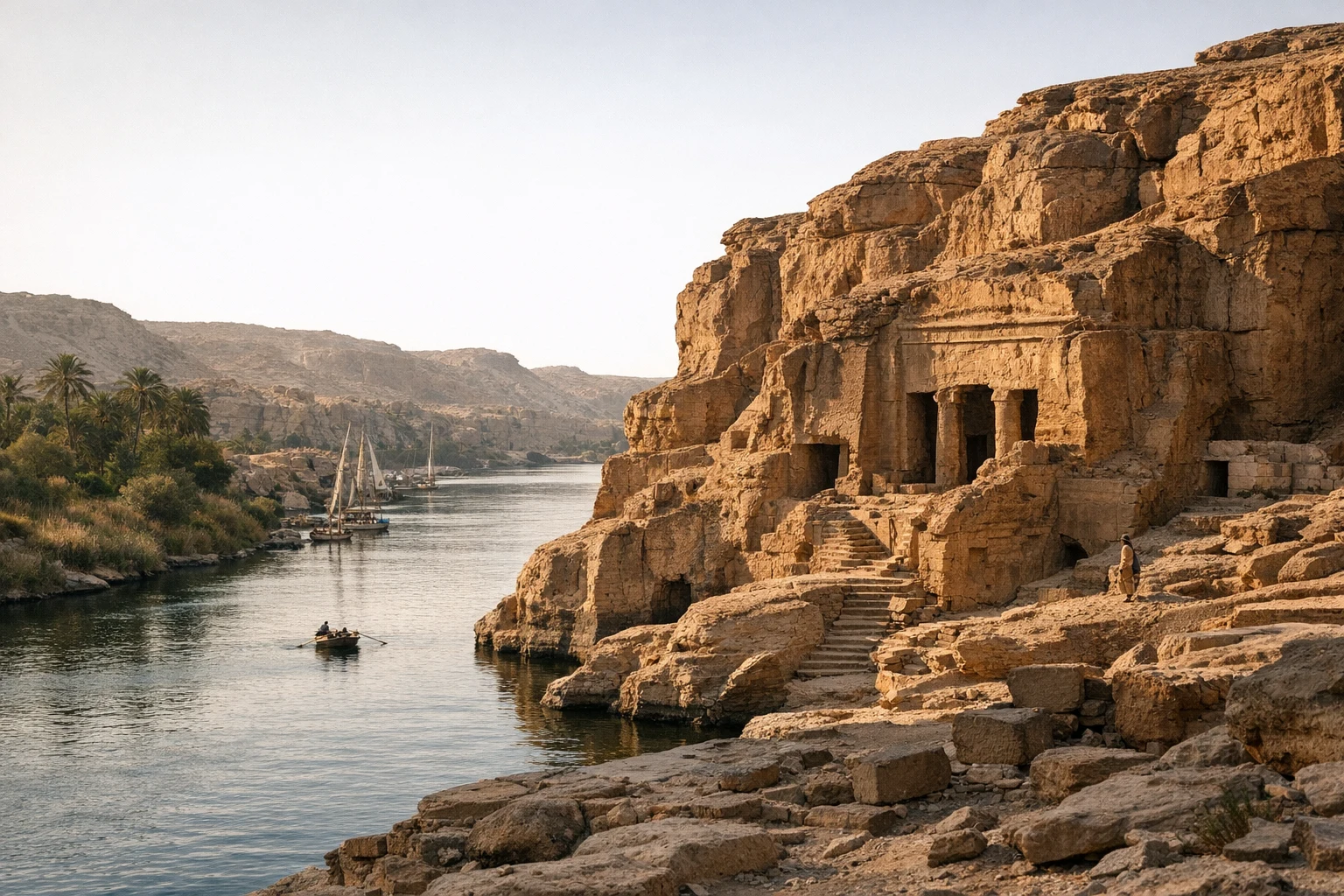 Sandstone cliffs, quarries, and Nile shoreline at Gebel el-Silsila in Egypt
