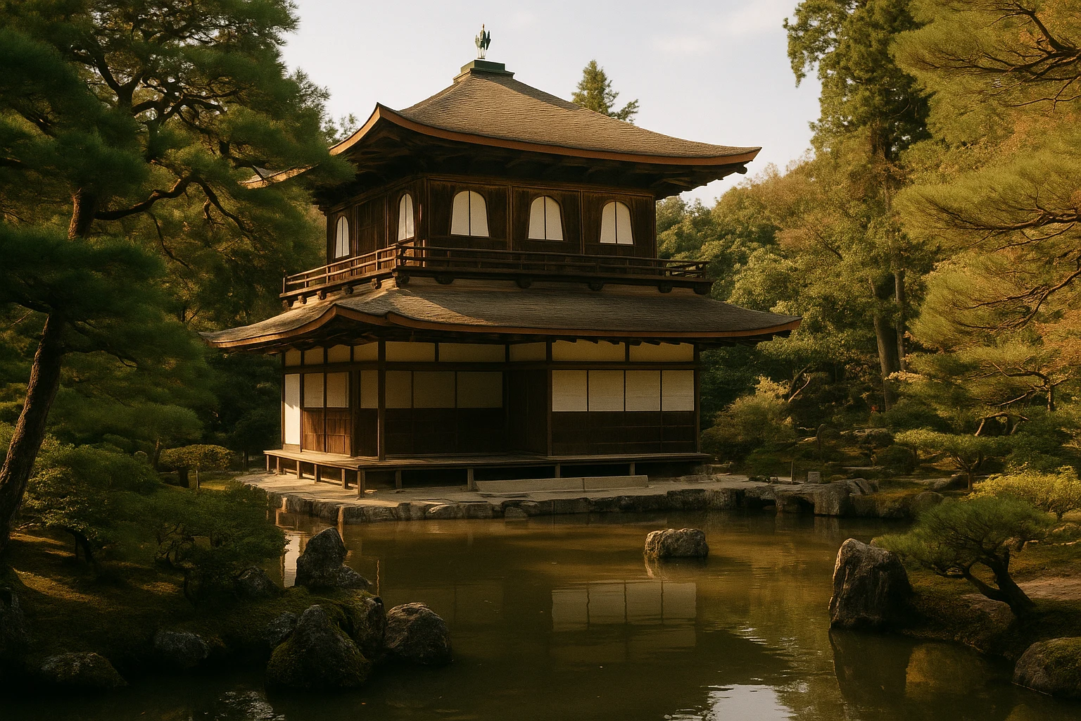 Ginkakuji Temple Silver Pavilion reflected in its tranquil garden pond amid lush greenery, Kyoto, Japan