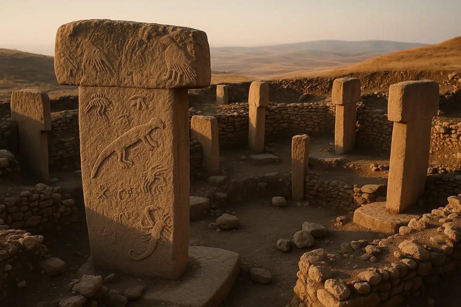 Wide early-golden-hour view of Göbekli Tepe with T-shaped limestone pillars in the foreground and m