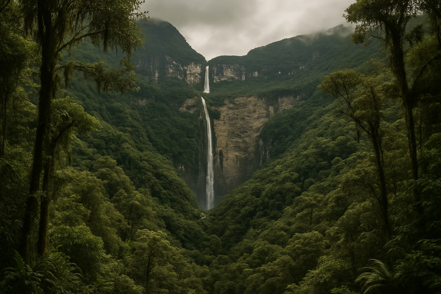 Gocta Falls cascading through cloud forest near Chachapoyas, Peru