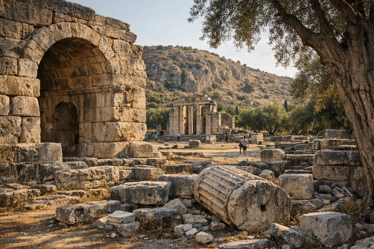 Ancient ruins of Gortyna in Crete, Greece, with stone arches and sunlit archaeological remains