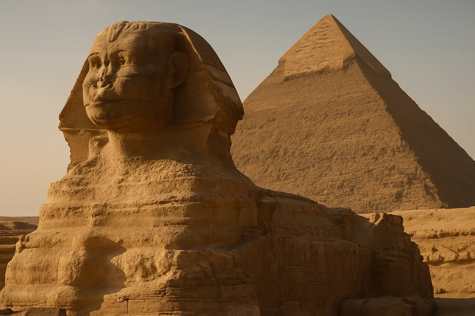 Great Sphinx and Giza pyramids under warm desert light